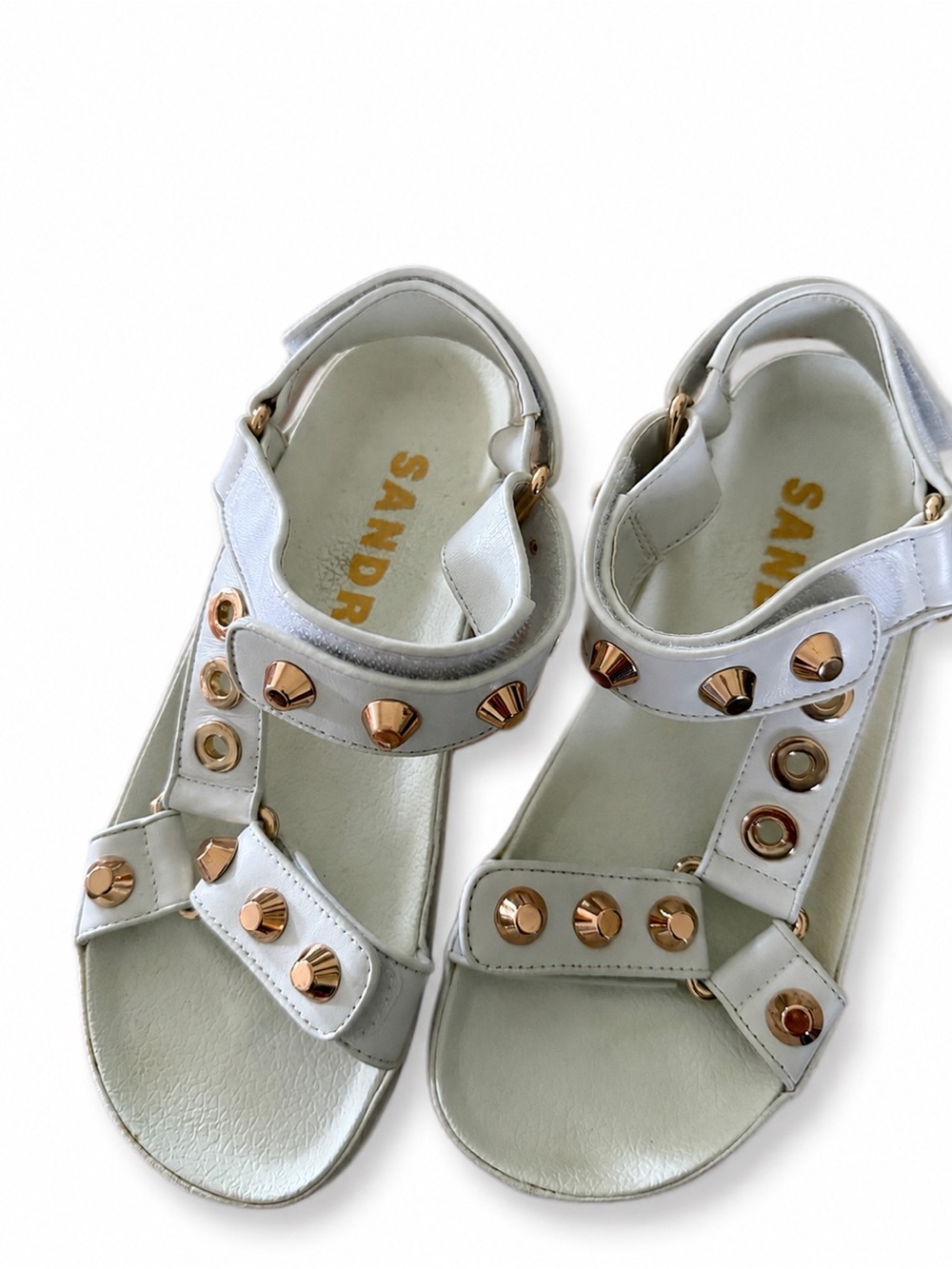 Sandro White Leather Sandals with Gold Stud Accents size 9